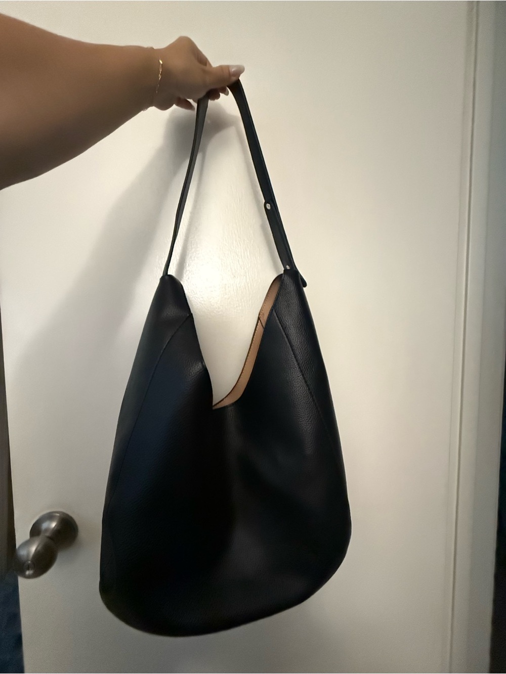 Black Leather Hobo Shoulder Bag - Women's Everyday Tote